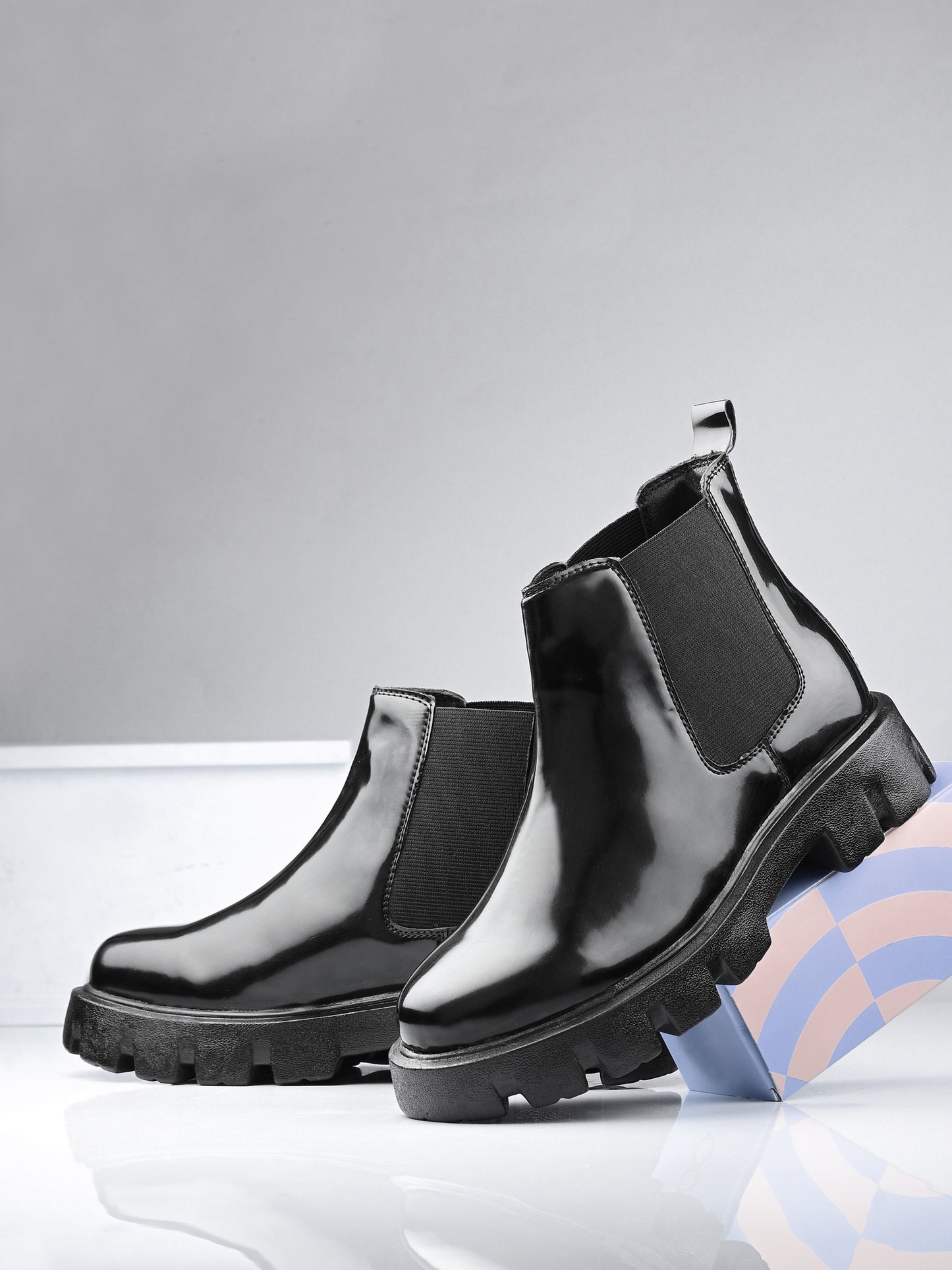 Men's Black Patent Chunky Sole Chelsea Boots