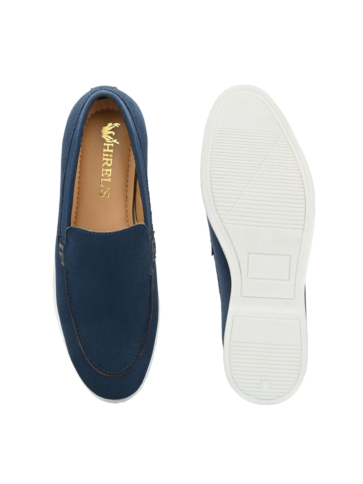 HiREL'S Men's Blue Suede Slip-On Loafer Moccasins with White Sole