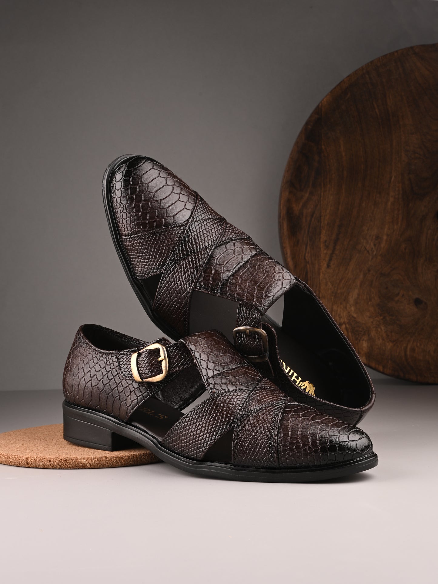Mens Brown Snake Print Peshwari Sandals