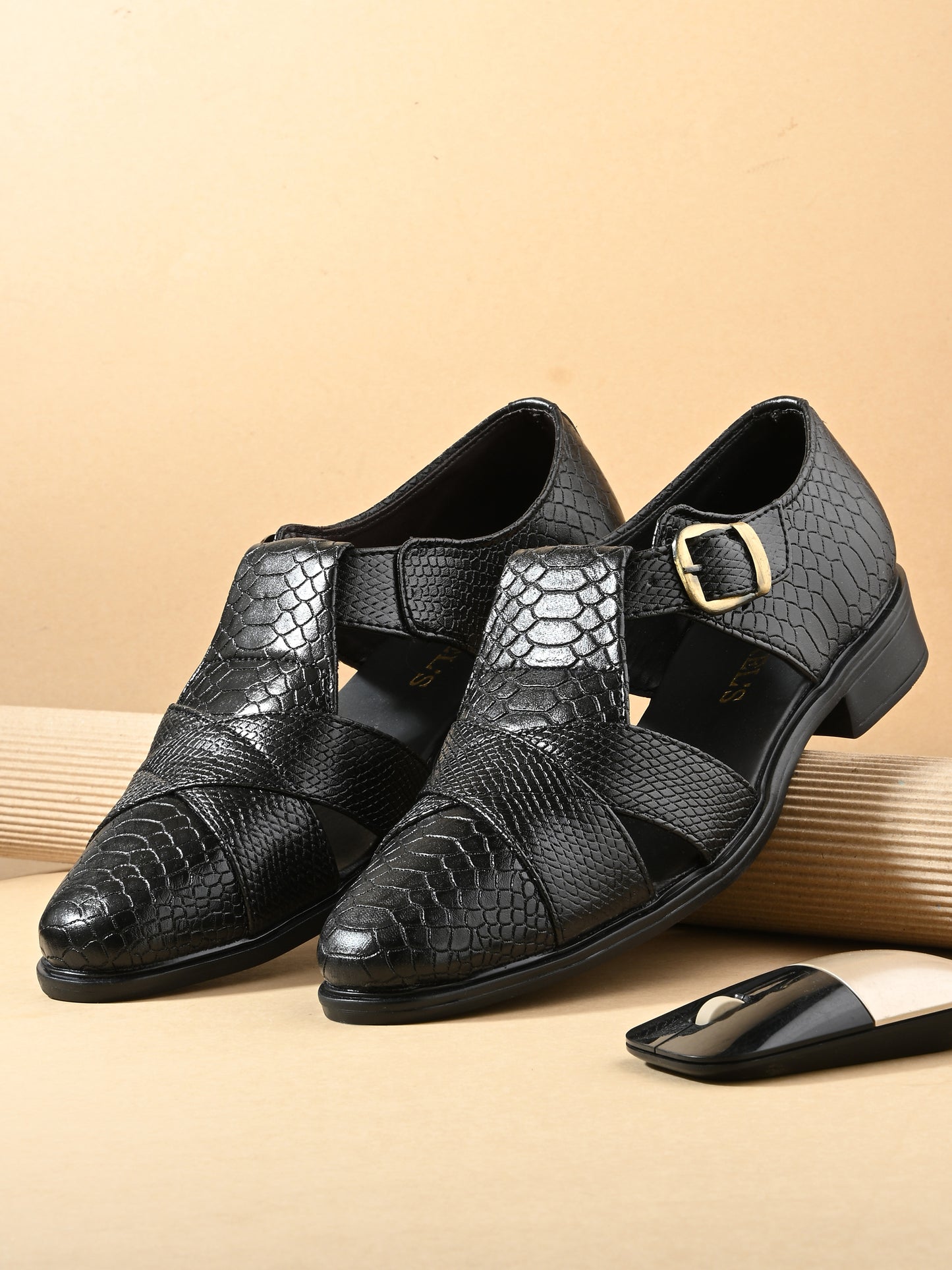 Mens Black Snake Print Peshwari Sandals