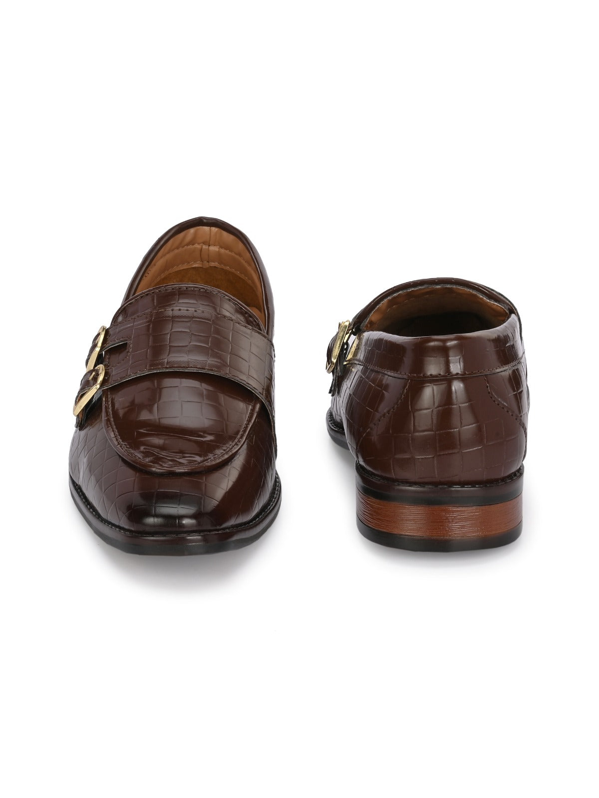 Men's Brown croc-textured double monk strap loafers