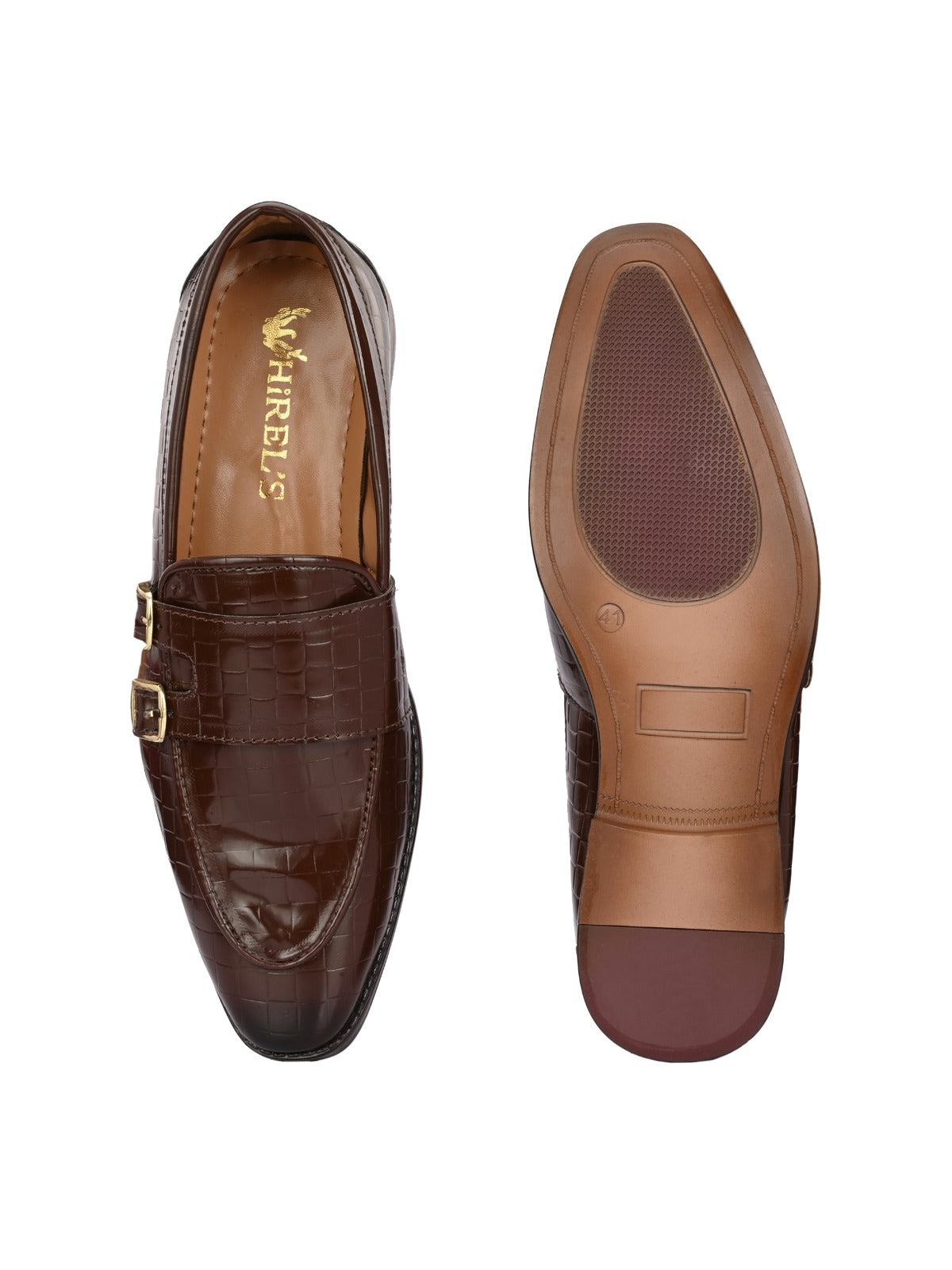 Men's Brown croc-textured double monk strap loafers