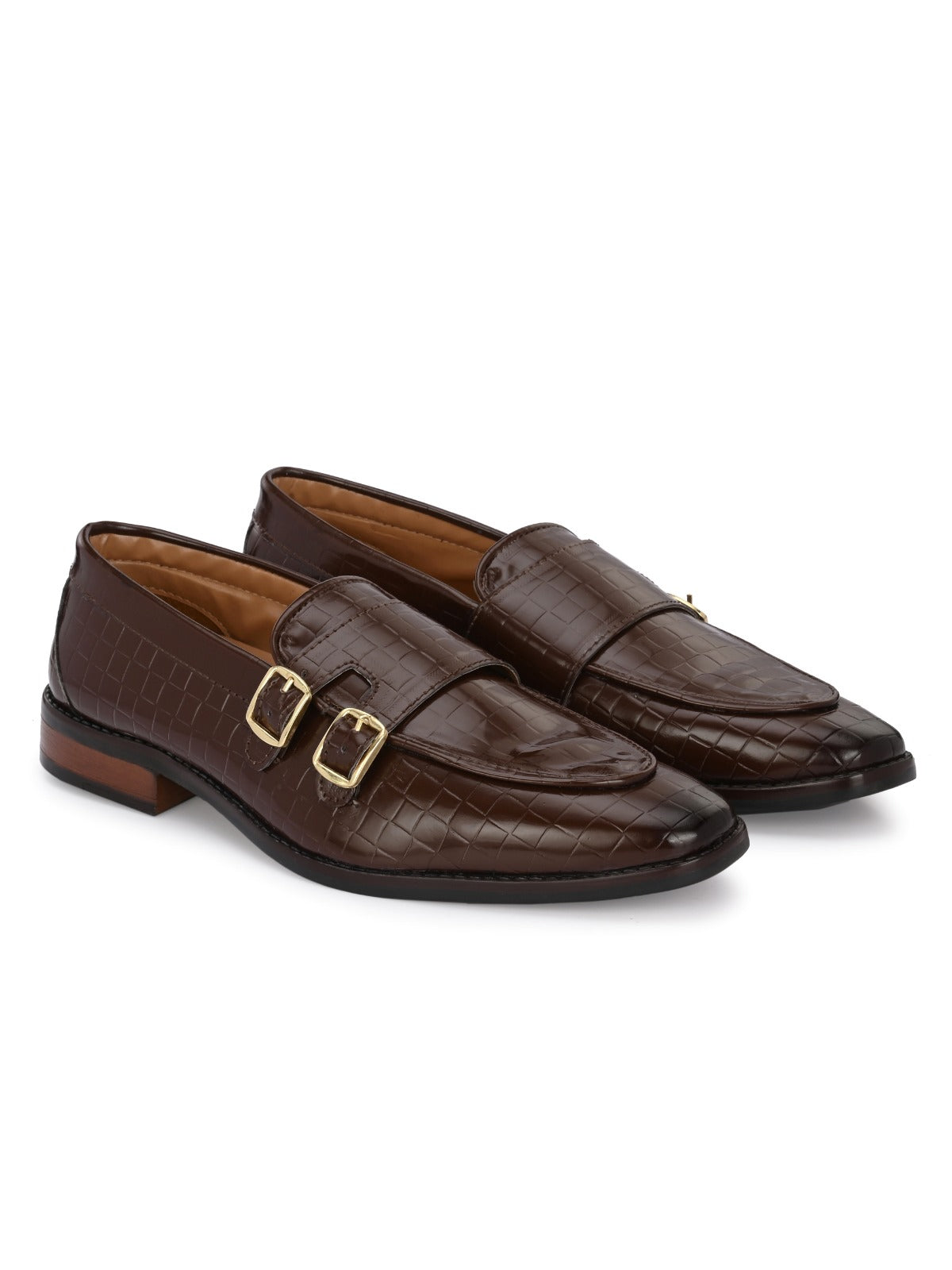 Men's Brown croc-textured double monk strap loafers
