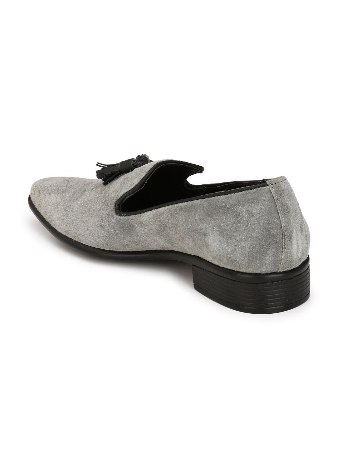 Men's grey suede tassel loafers