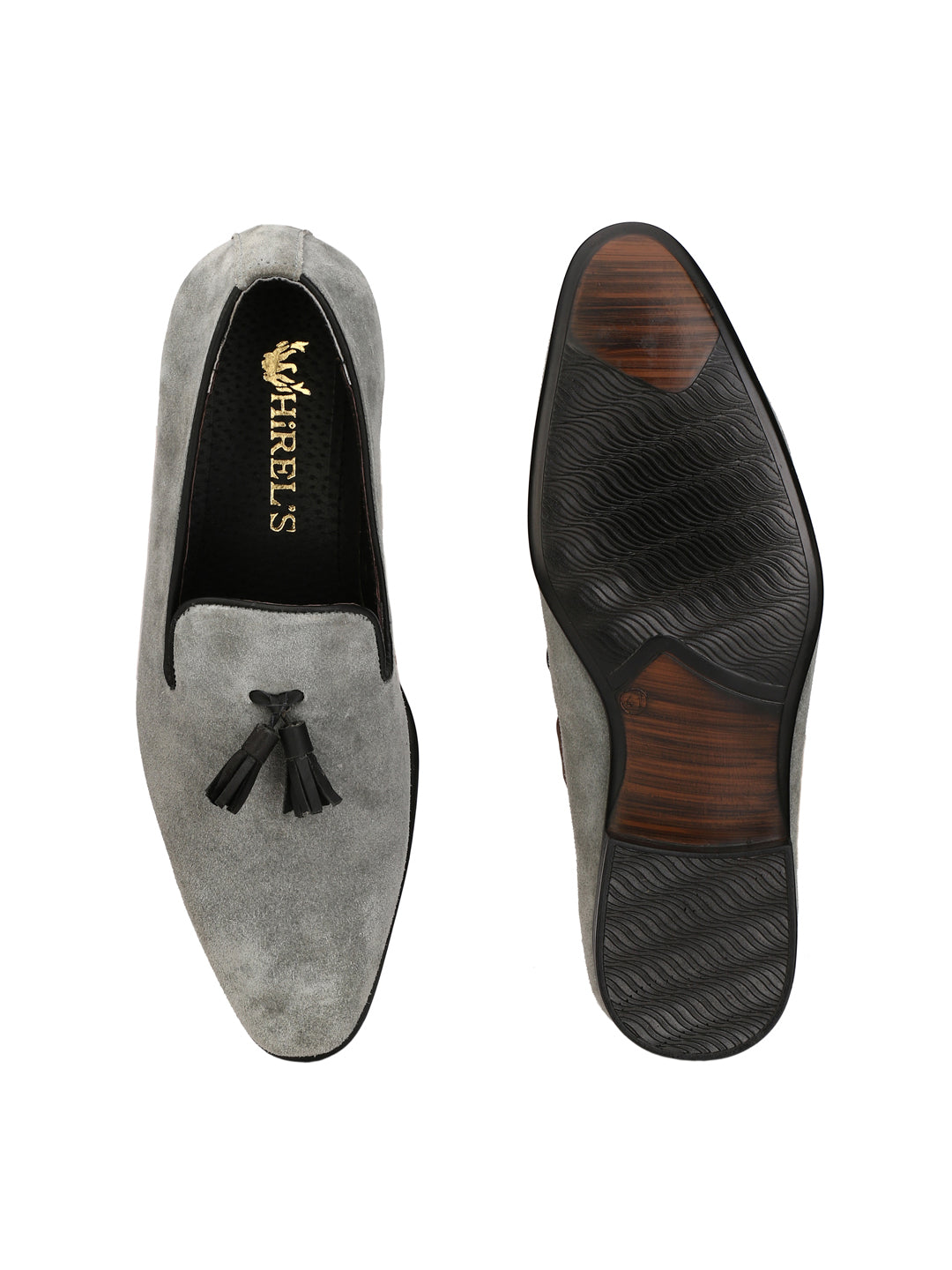 Men's grey suede tassel loafers
