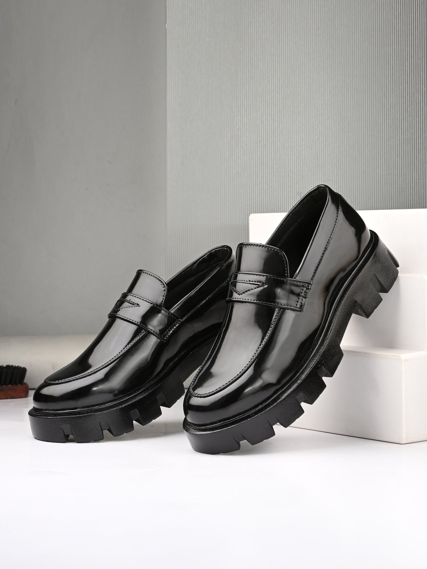 HiREL'S Chunky Penny Loafer for Men, Black, PU Upper with Rubber Sole, Slip-On, Round Toe, Cushioned & Lightweight