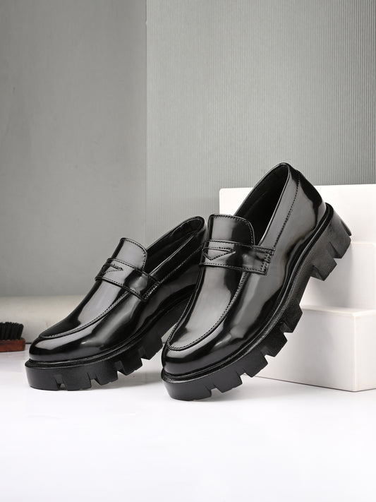 HiREL'S Chunky Penny Loafer for Men, Black, PU Upper with Rubber Sole, Slip-On, Round Toe, Cushioned & Lightweight
