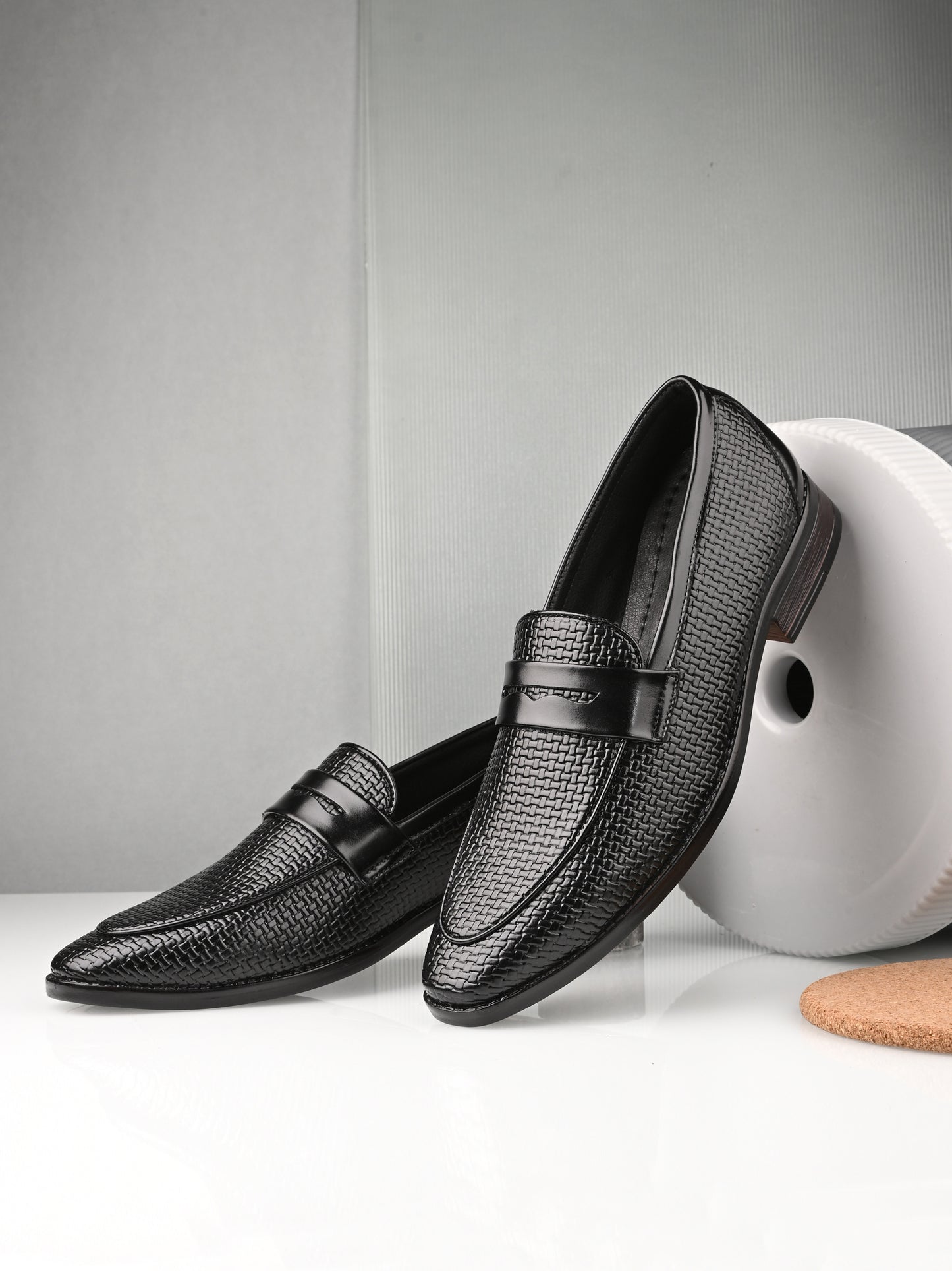 HiREL'S Men's Black Slip On|Wrinkle Free|Weaving Patter|Soft Cushioned Insole, Slip-Resistance