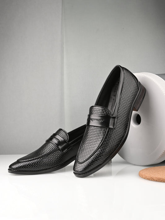 HiREL'S Men's Black Slip On|Wrinkle Free|Weaving Patter|Soft Cushioned Insole, Slip-Resistance