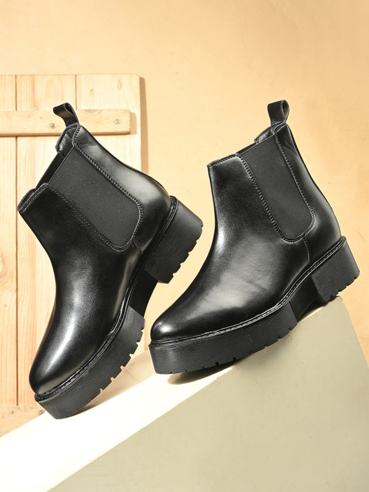 HiREL'S Black Chunky Sole Chelsea Boots for Men, Black, Slip-On with Elastic Side Panel