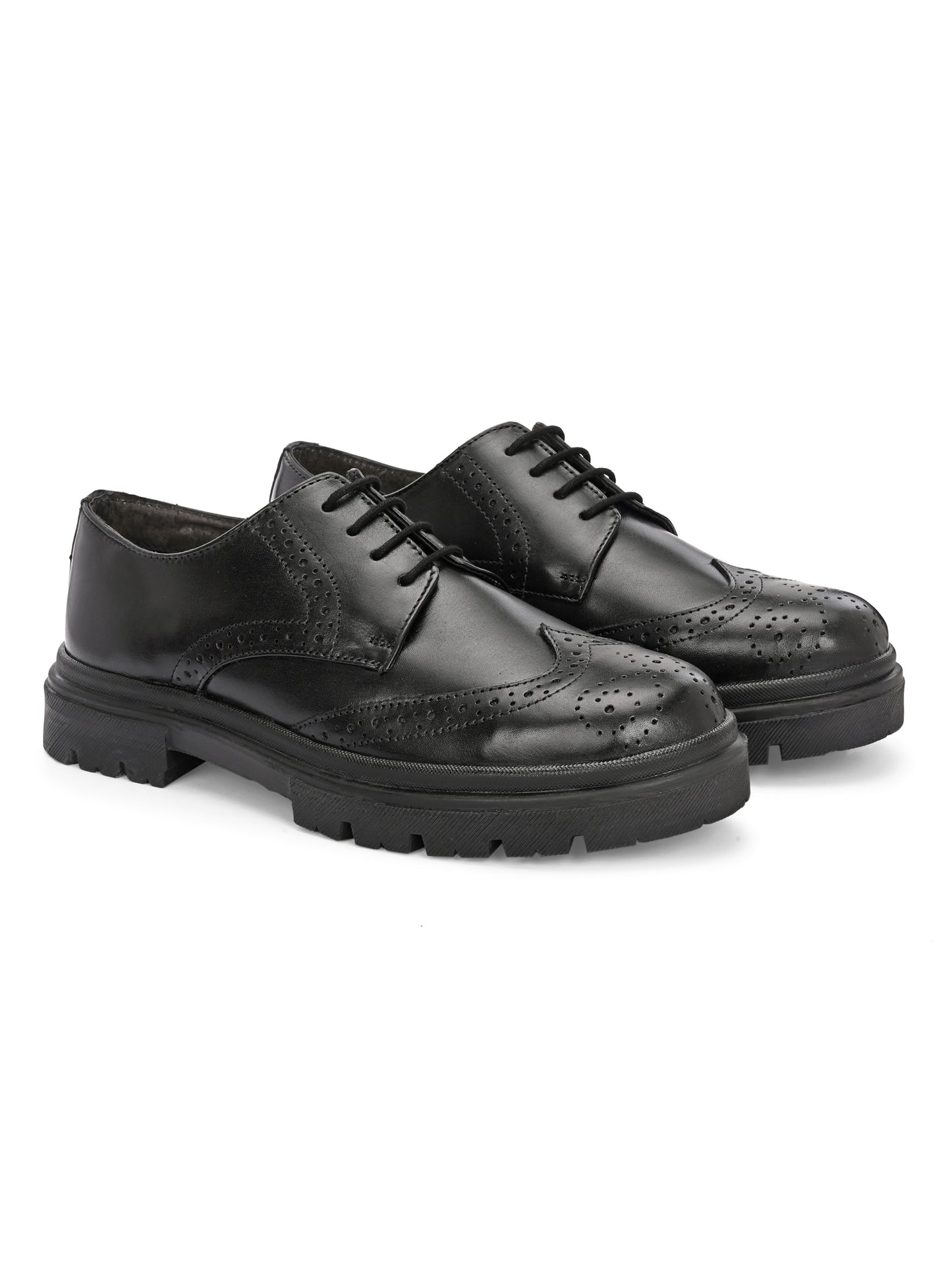 HiREL'S Men's Black Genuine Italian Leather Wingtip Brogue Derby Shoes, Chunky Sole, Lace-Up, Formal Wear, Lightweight