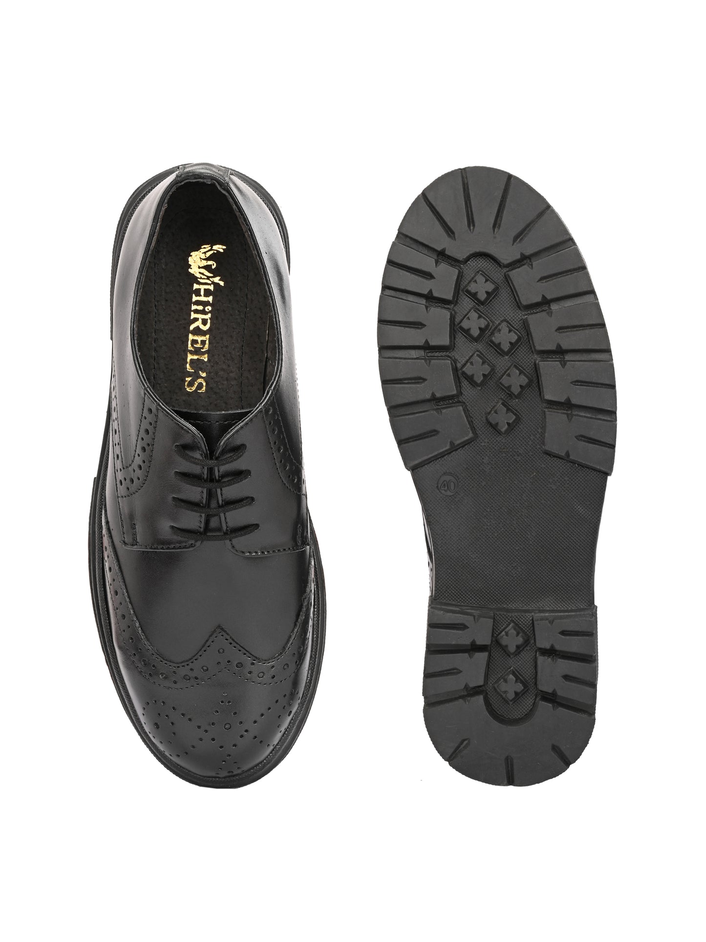 HiREL'S Men's Black Genuine Italian Leather Wingtip Brogue Derby Shoes, Chunky Sole, Lace-Up, Formal Wear, Lightweight