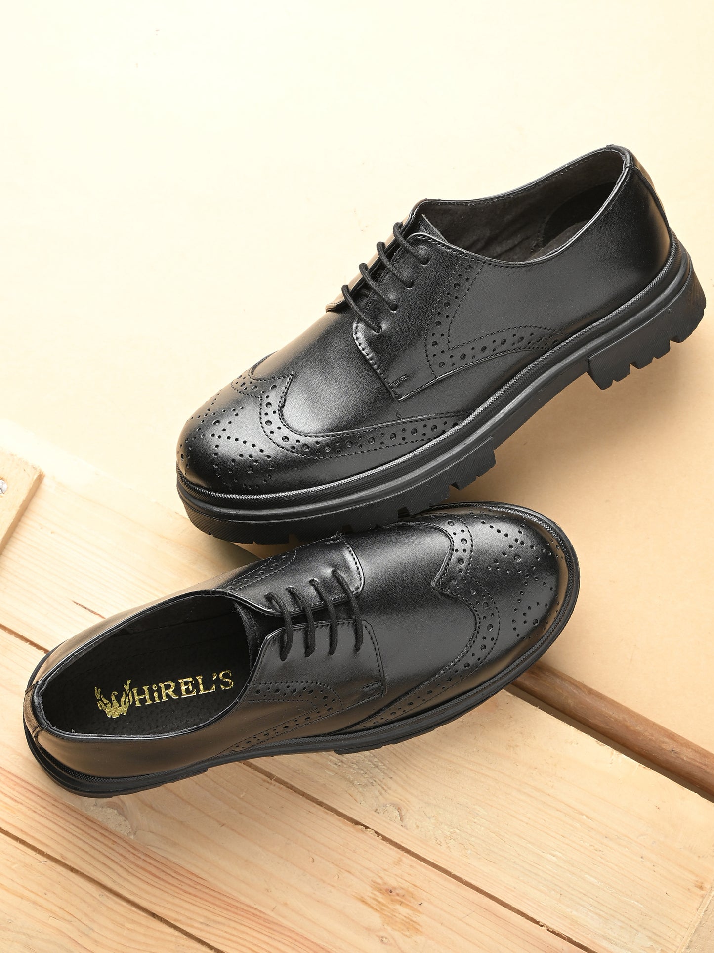 HiREL'S Men's Black Genuine Italian Leather Wingtip Brogue Derby Shoes, Chunky Sole, Lace-Up, Formal Wear, Lightweight