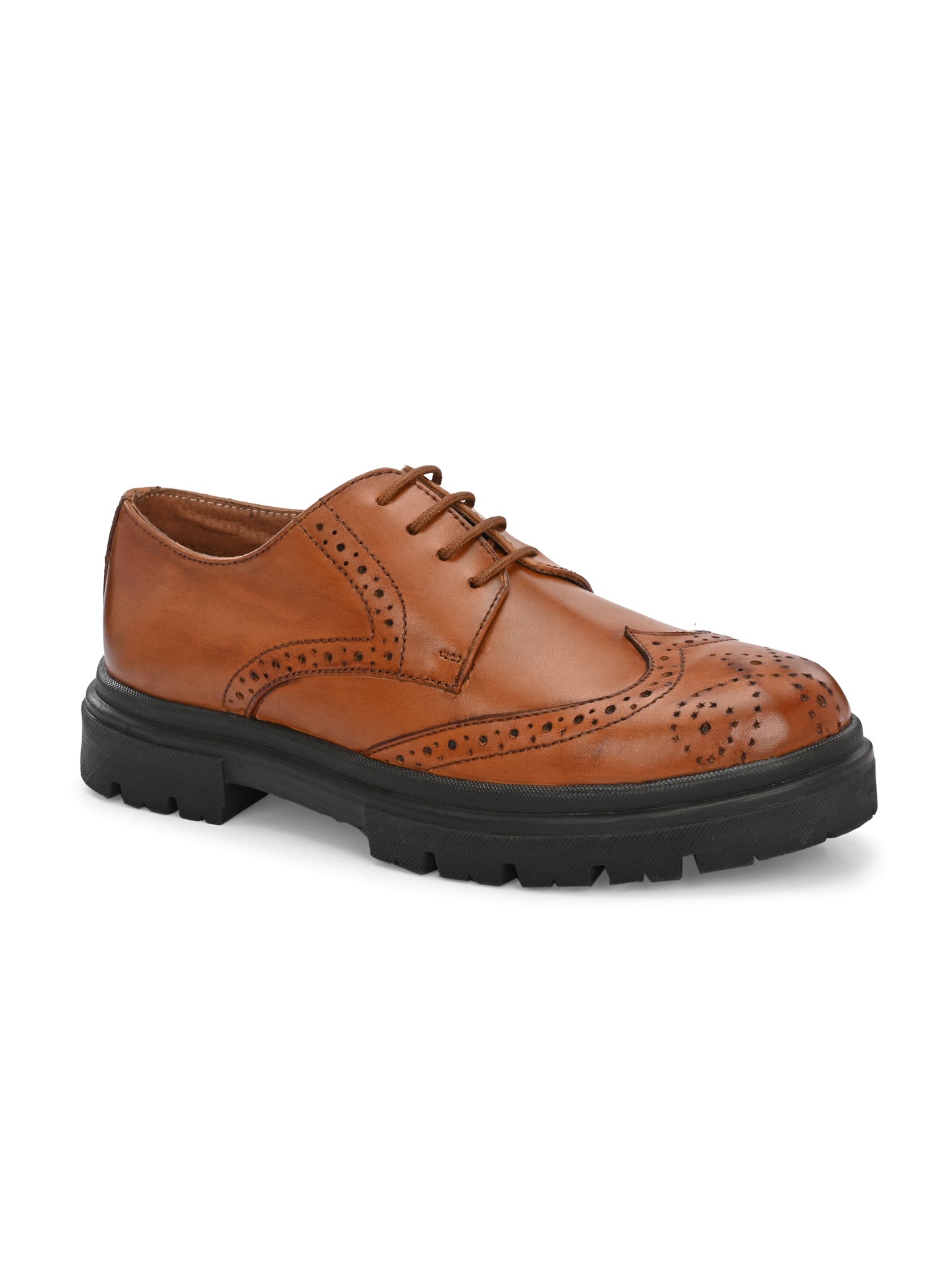 HiREL'S Men's Tan Genuine Italian Leather Wingtip Brogue Derby Shoes, Chunky Sole, Lace-Up, Formal Wear, Lightweight