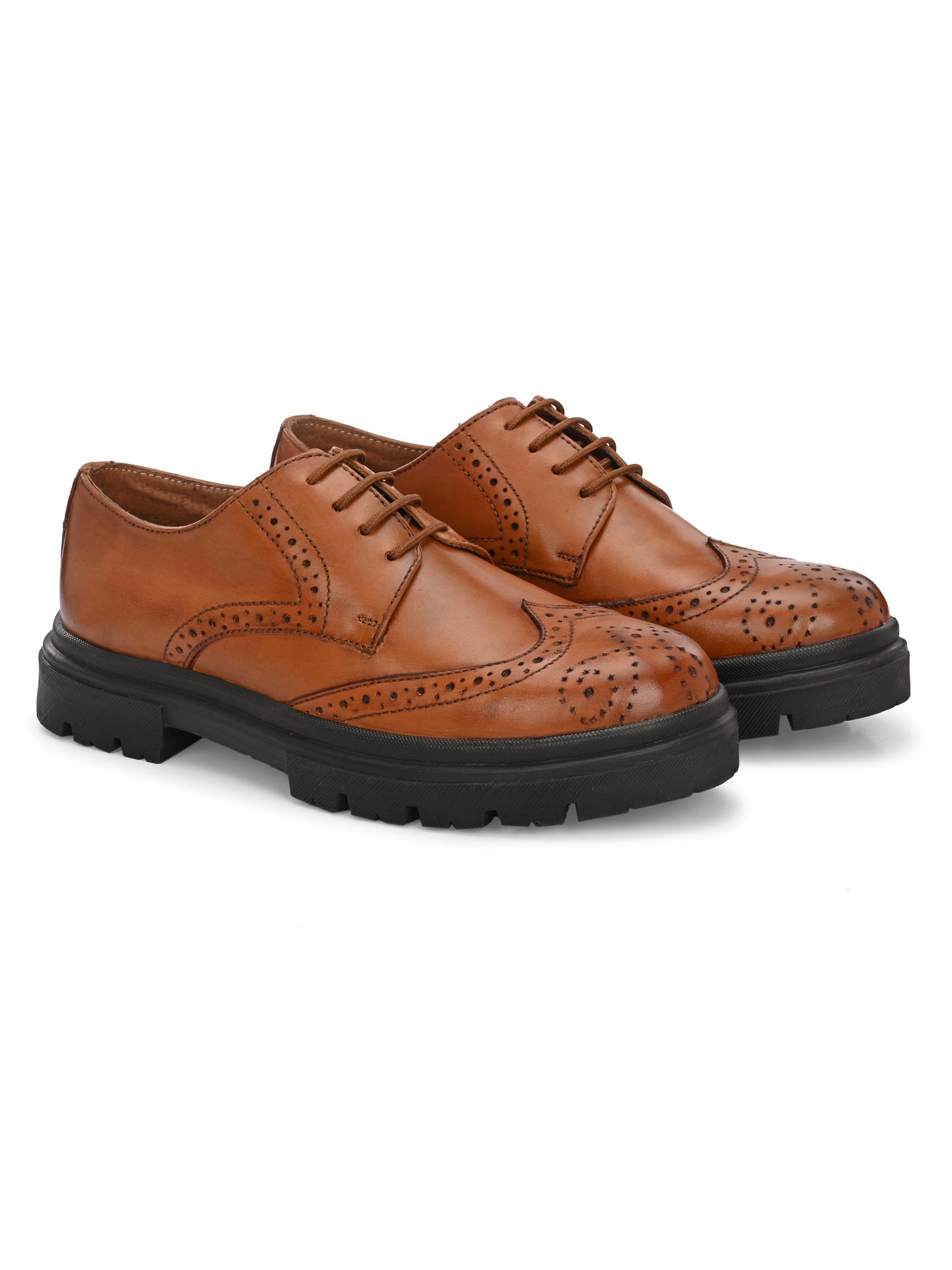 HiREL'S Men's Tan Genuine Italian Leather Wingtip Brogue Derby Shoes, Chunky Sole, Lace-Up, Formal Wear, Lightweight