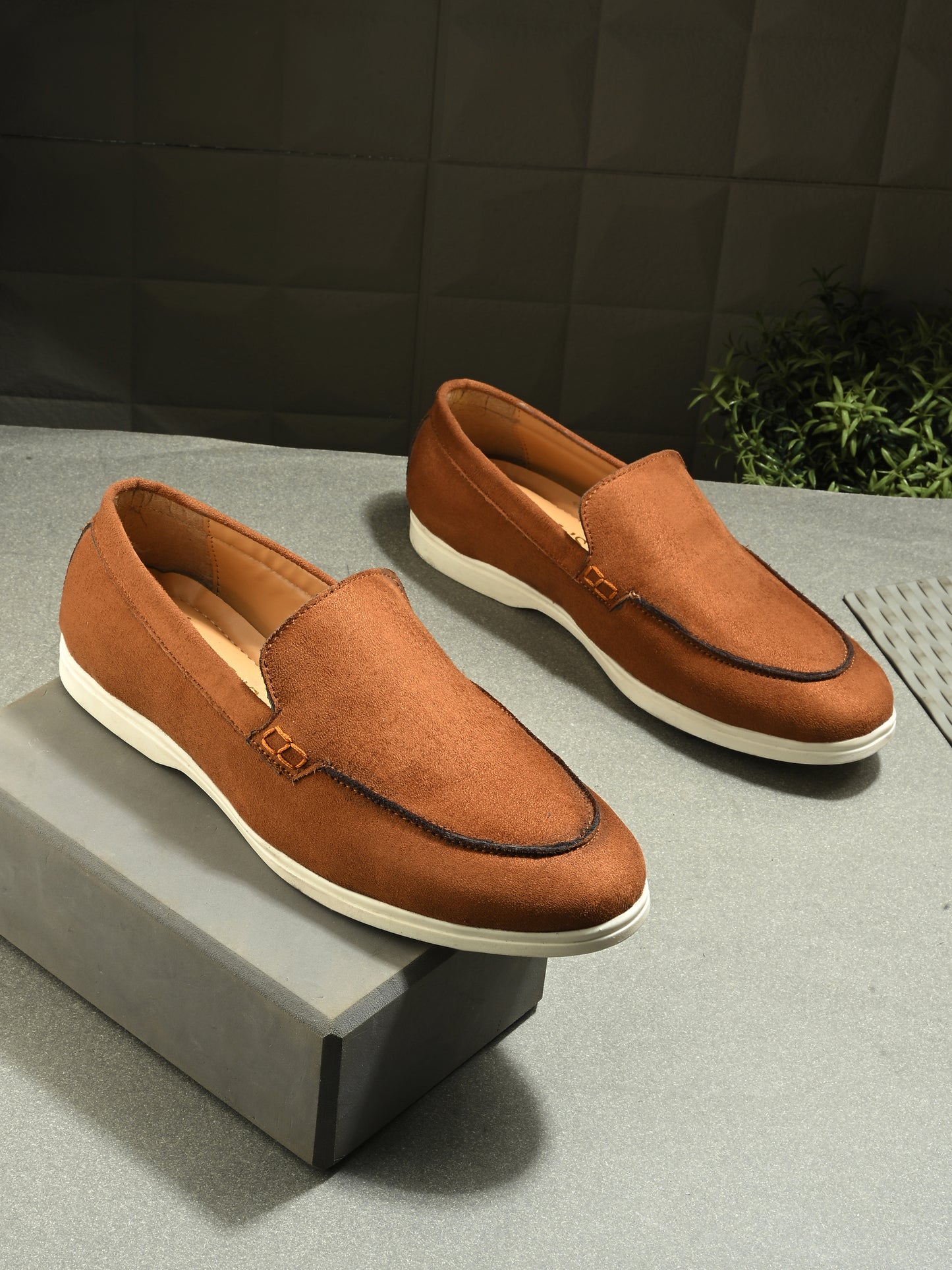 HiREL'S Men's Tan Suede Slip-On Loafer Moccasins with White Sole