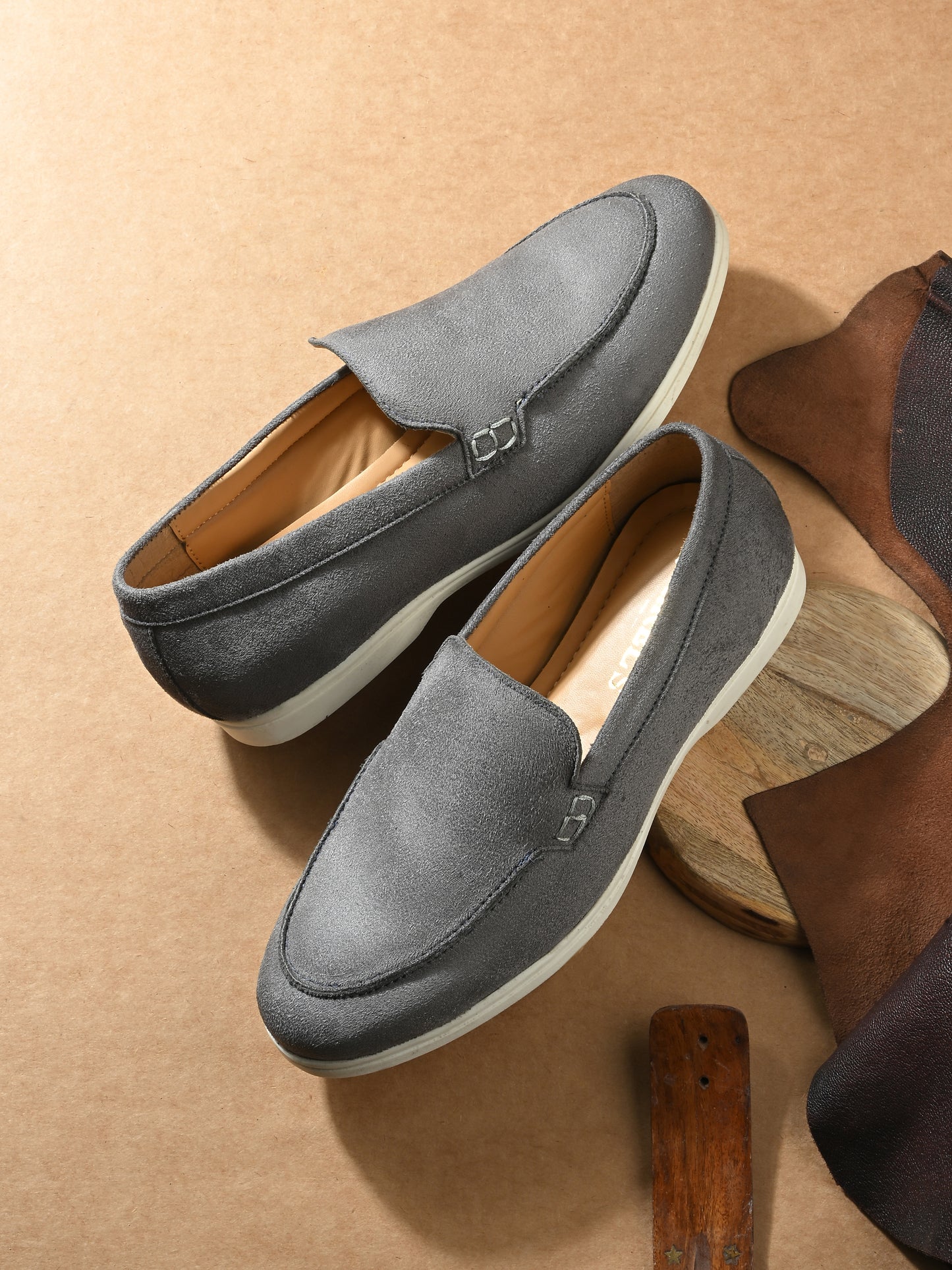 Mens Grey Suede Slip On Loafers