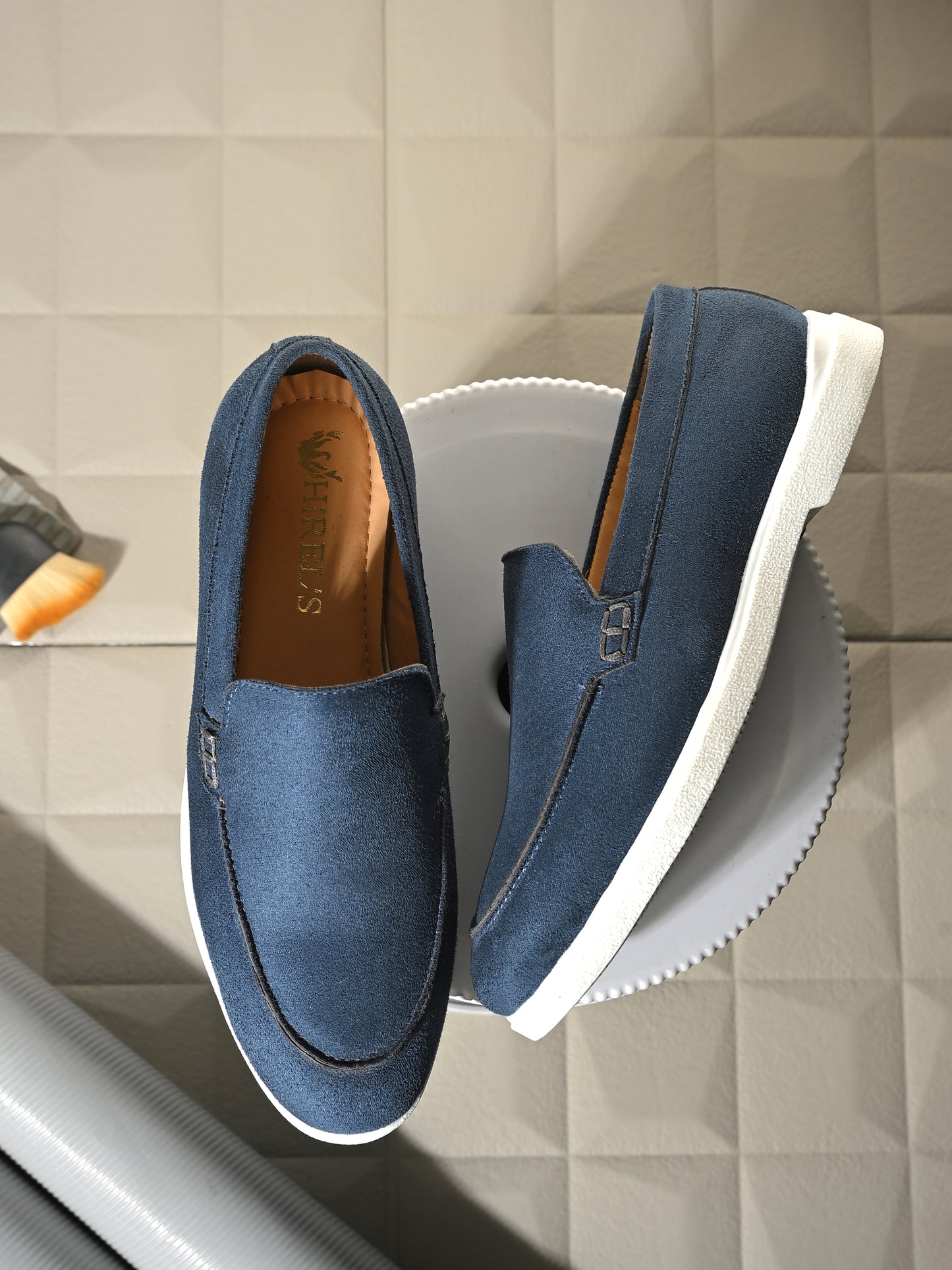 HiREL'S Men's Blue Suede Slip-On Loafer Moccasins with White Sole