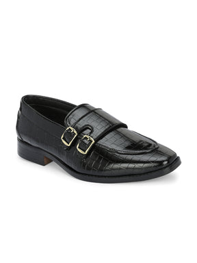 Men's black croc-textured double monk strap loafers