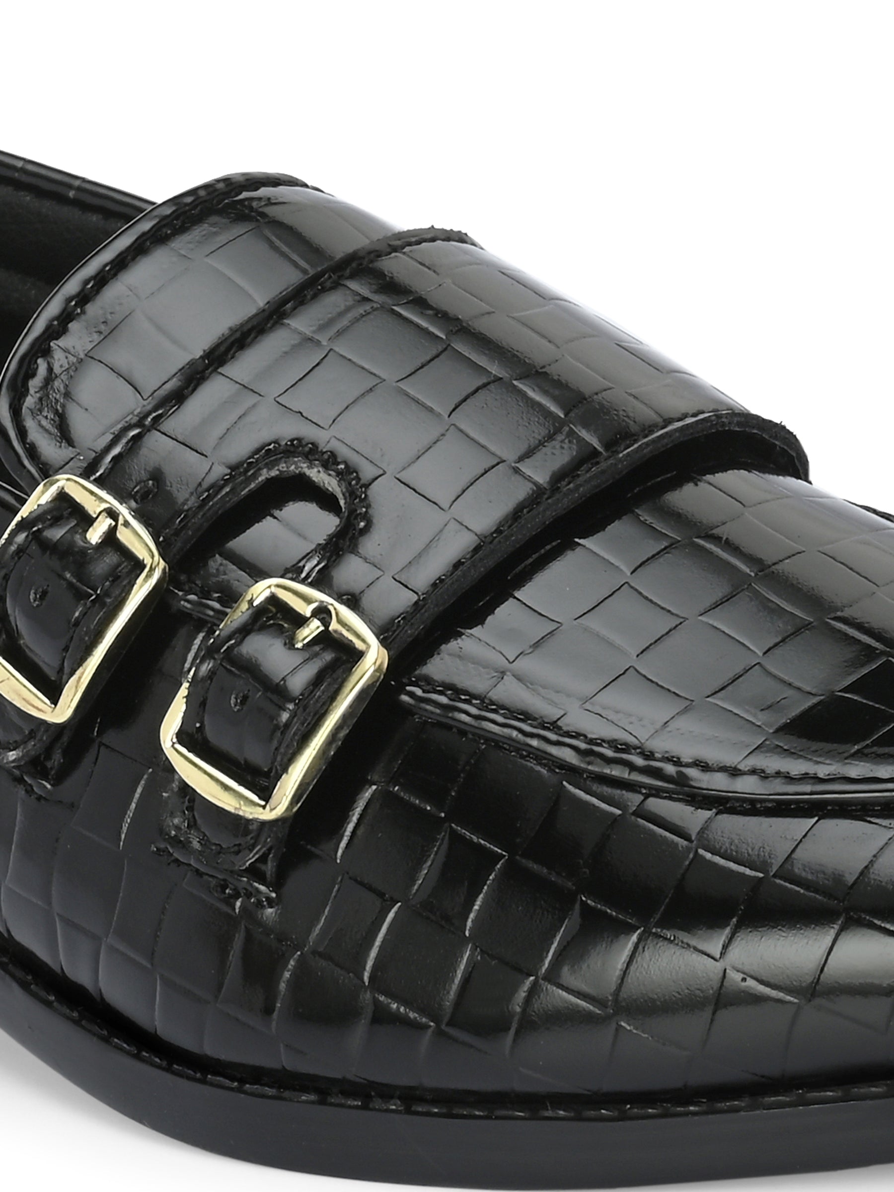 Men's black croc-textured double monk strap loafers