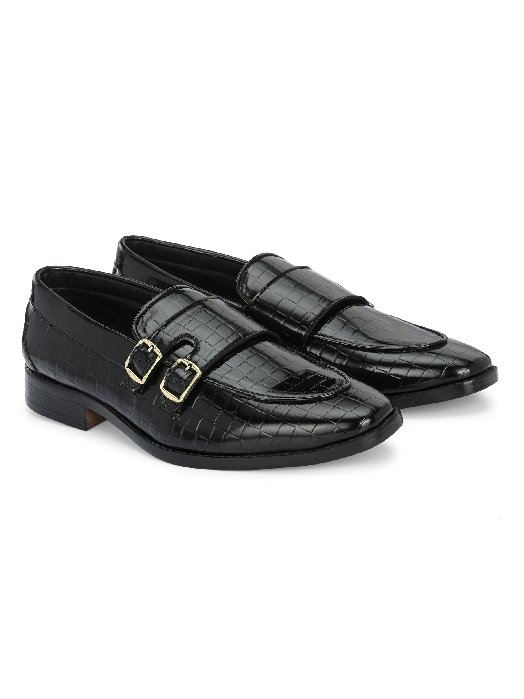 Men's black croc-textured double monk strap loafers