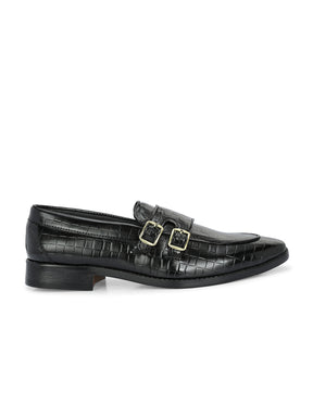 Men's black croc-textured double monk strap loafers