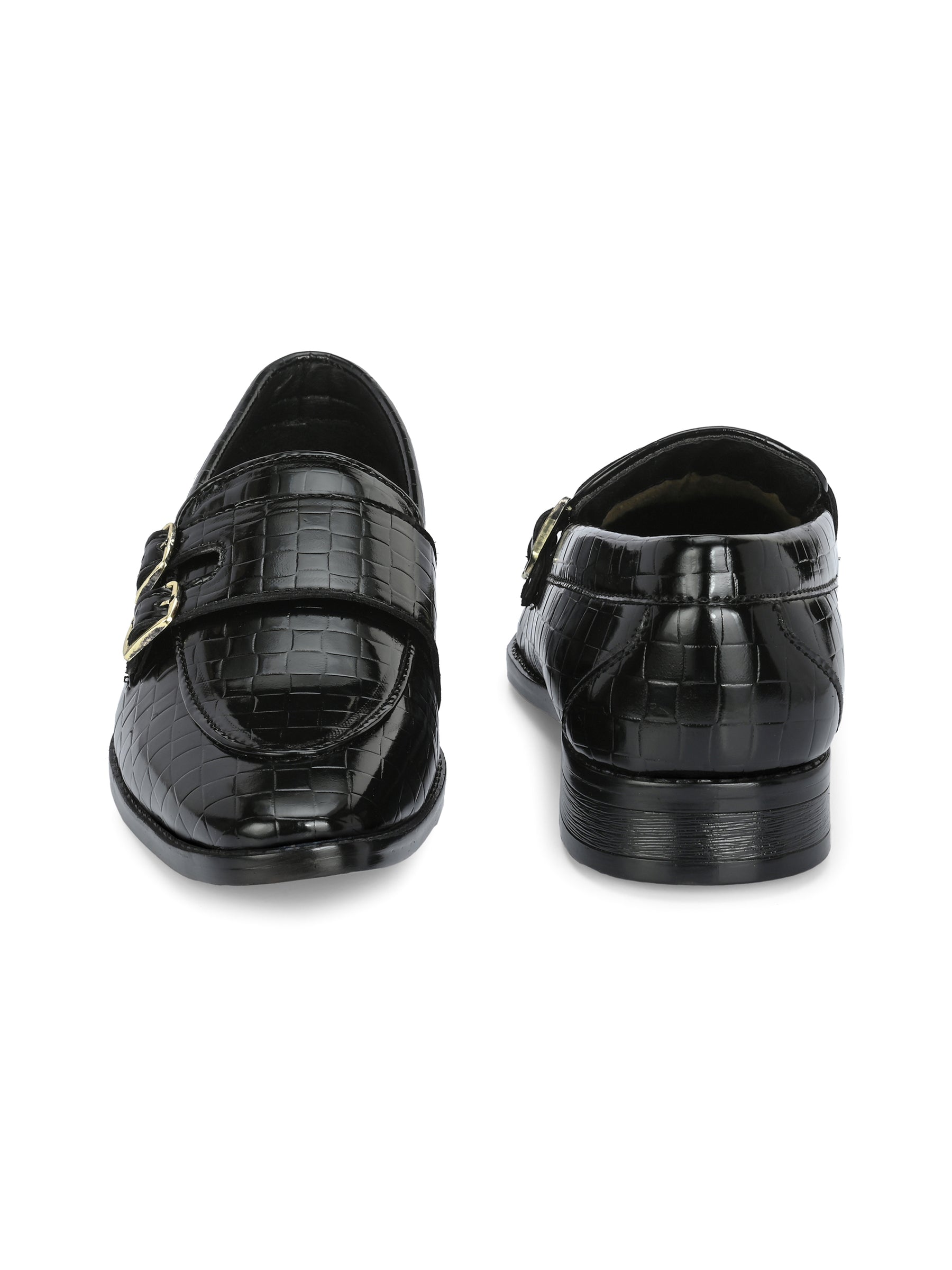 Men's black croc-textured double monk strap loafers