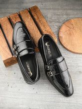 Men's black croc-textured double monk strap loafers