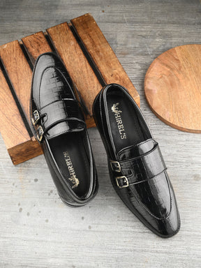 Men's black croc-textured double monk strap loafers