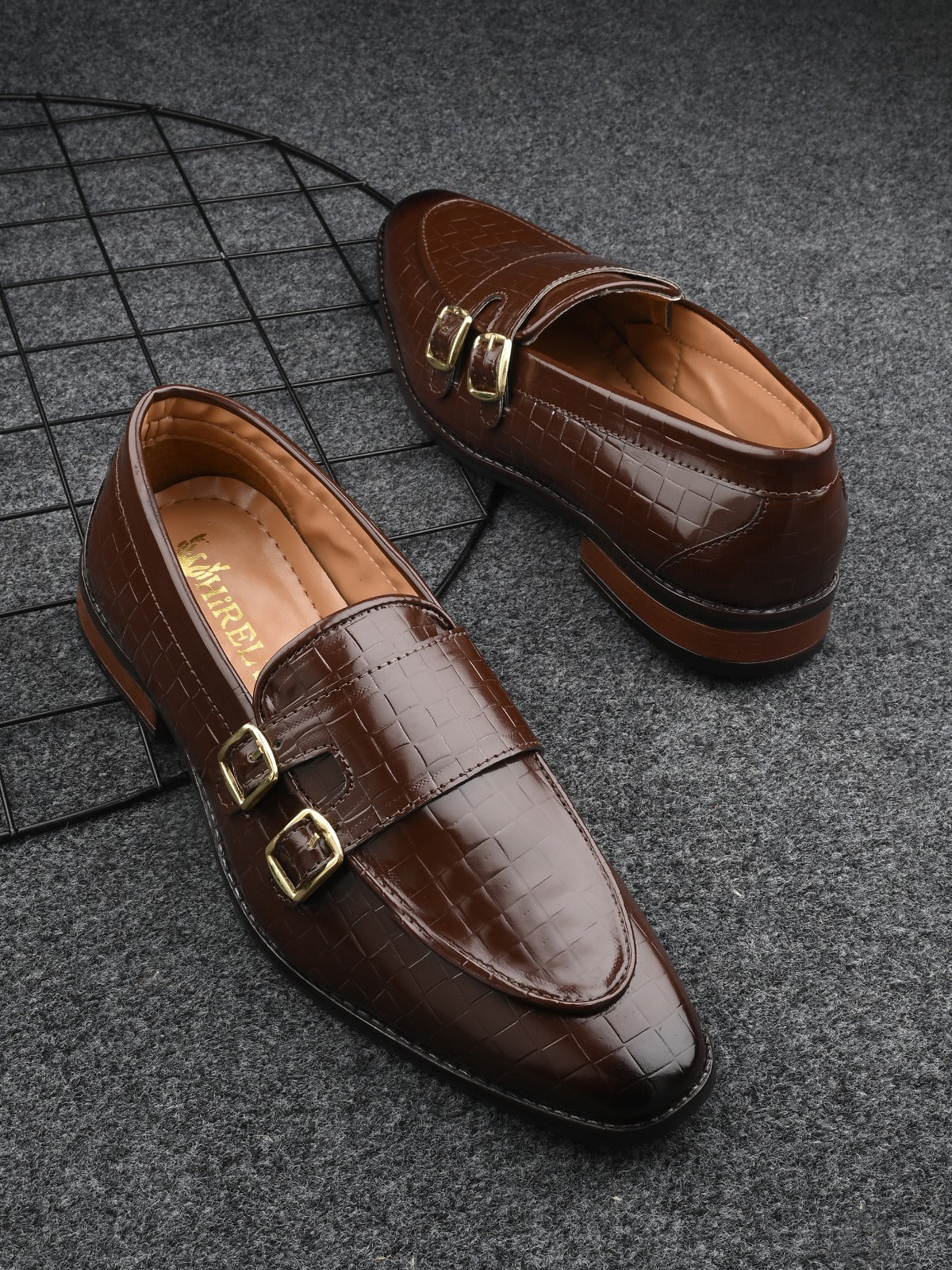 Men's Brown croc-textured double monk strap loafers