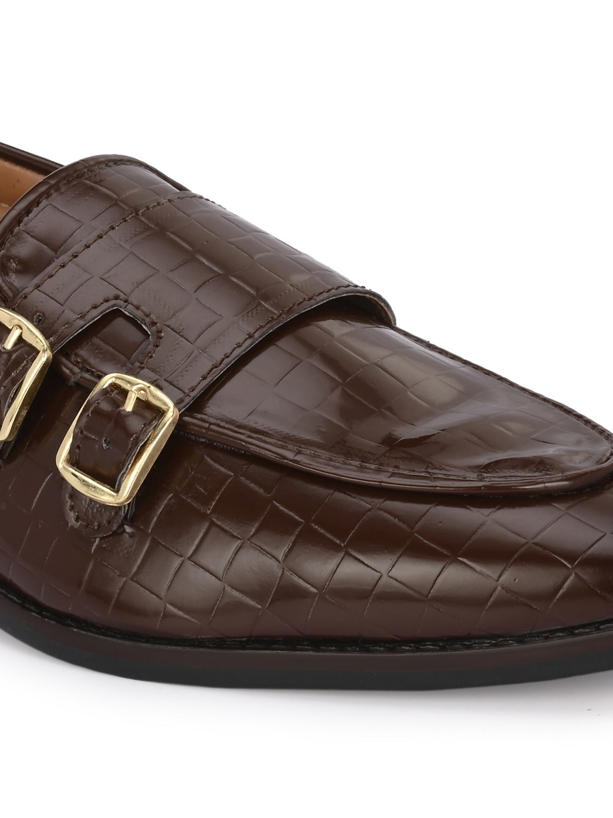 Men's Brown croc-textured double monk strap loafers