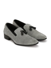 Men's grey suede tassel loafers