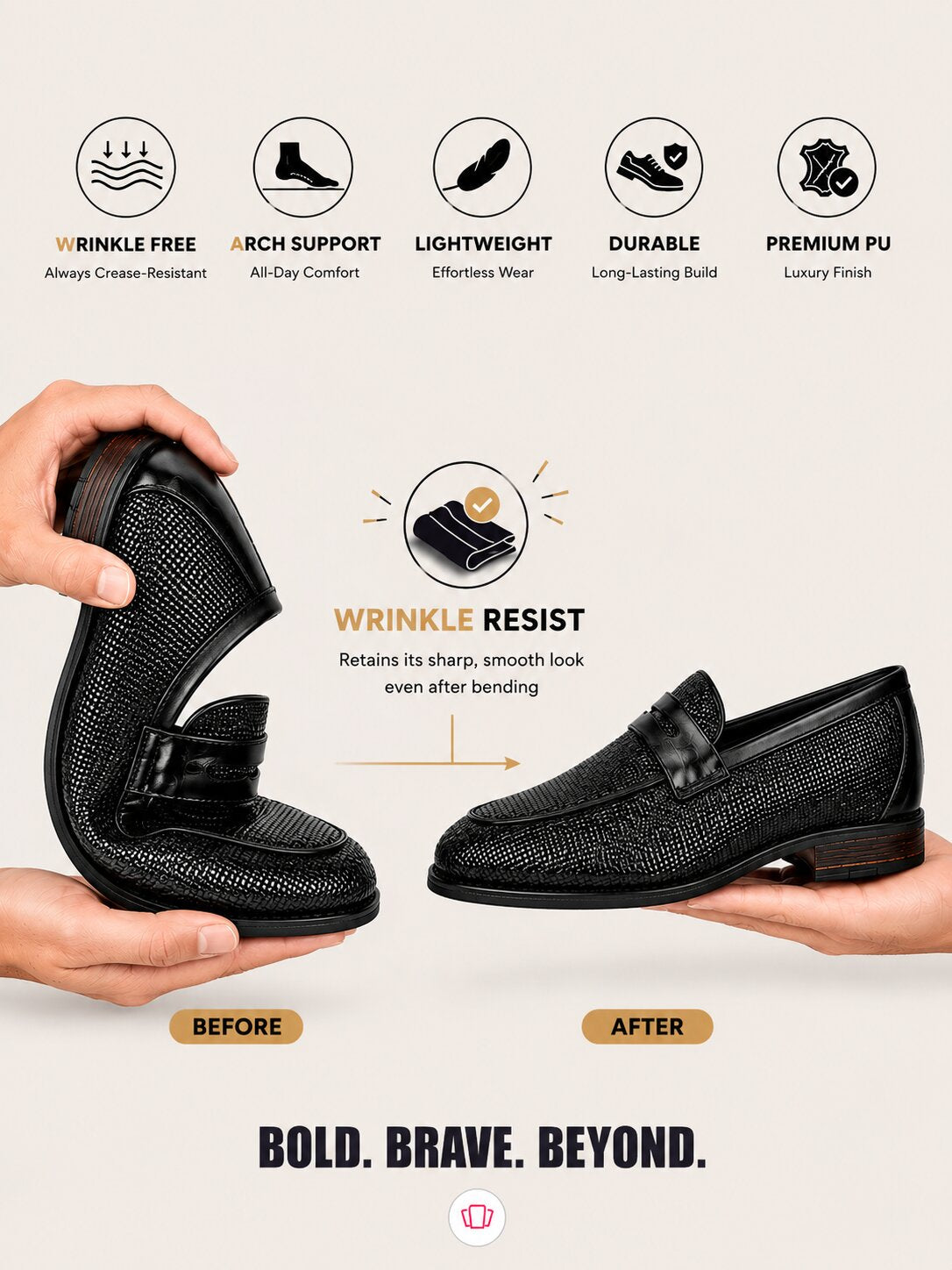 HiREL'S Men's Black Slip On|Wrinkle Free|Weaving Patter|Soft Cushioned Insole, Slip-Resistance